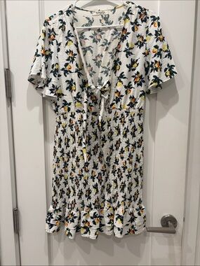 Glamorous White Floral Tie-Front Dress with Yellow & Orange Flowers